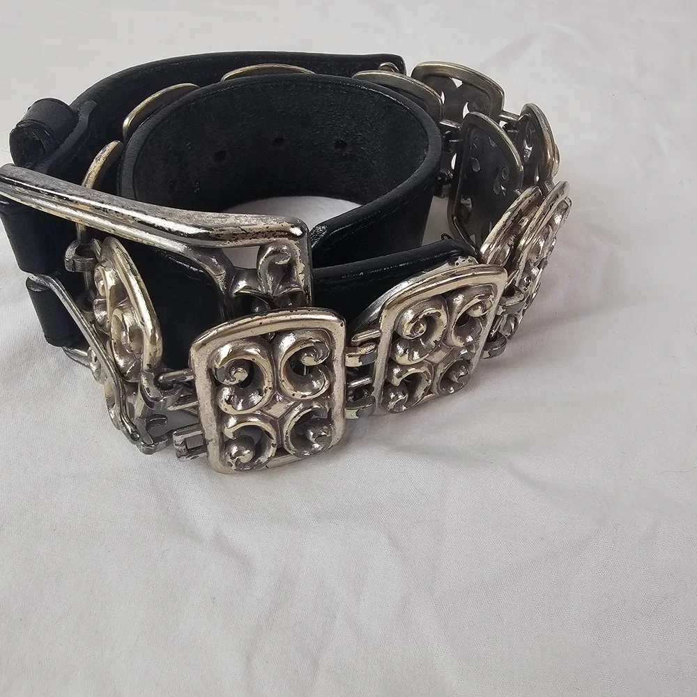 Gap Womens Belt S Black Leather Silver Panel Boho Gladiator Celtic Square Metal